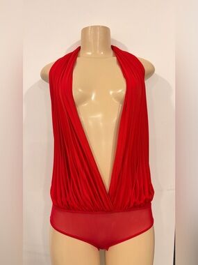 Caribbean Queen Red Plunging Halter Bodysuit
